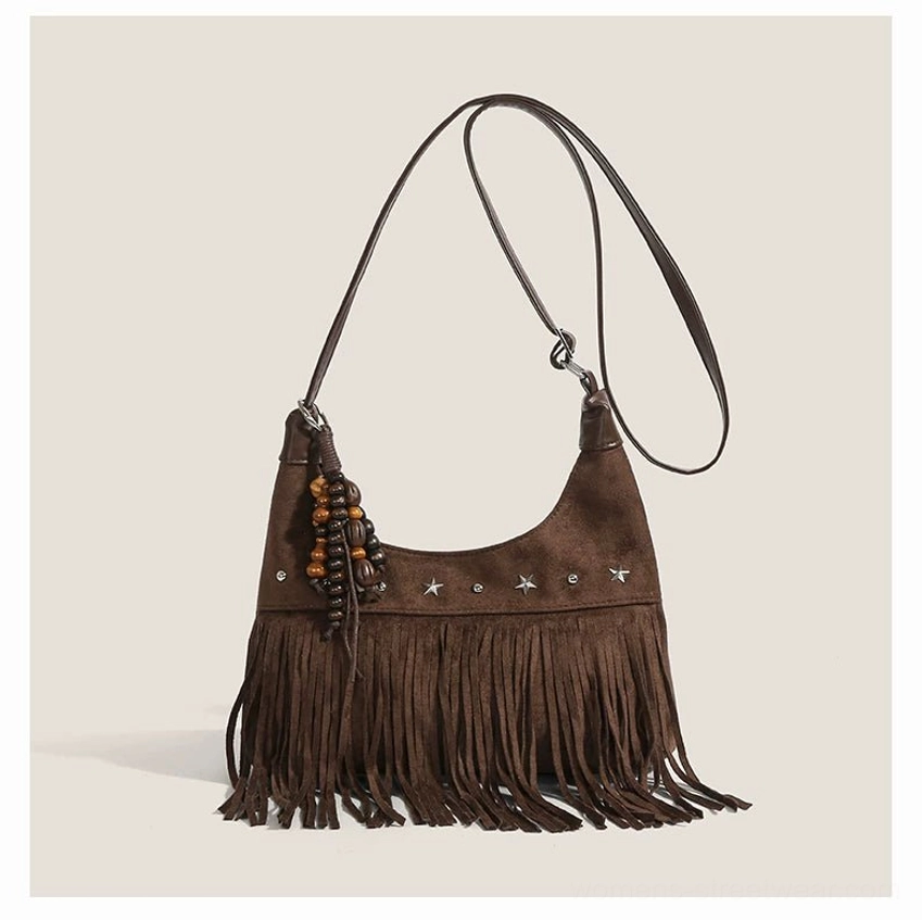 Coffee brown faux suede desert star fringe hobo shoulder bag with silver star rivets and beaded charm front view