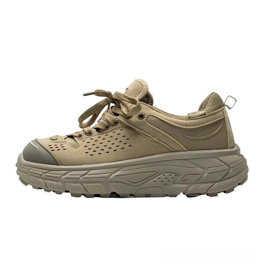 Desert yellow chunky utility hiking trainer shown in side profile with breathable perforated upper lace-up closure and thick anti-slip outsole