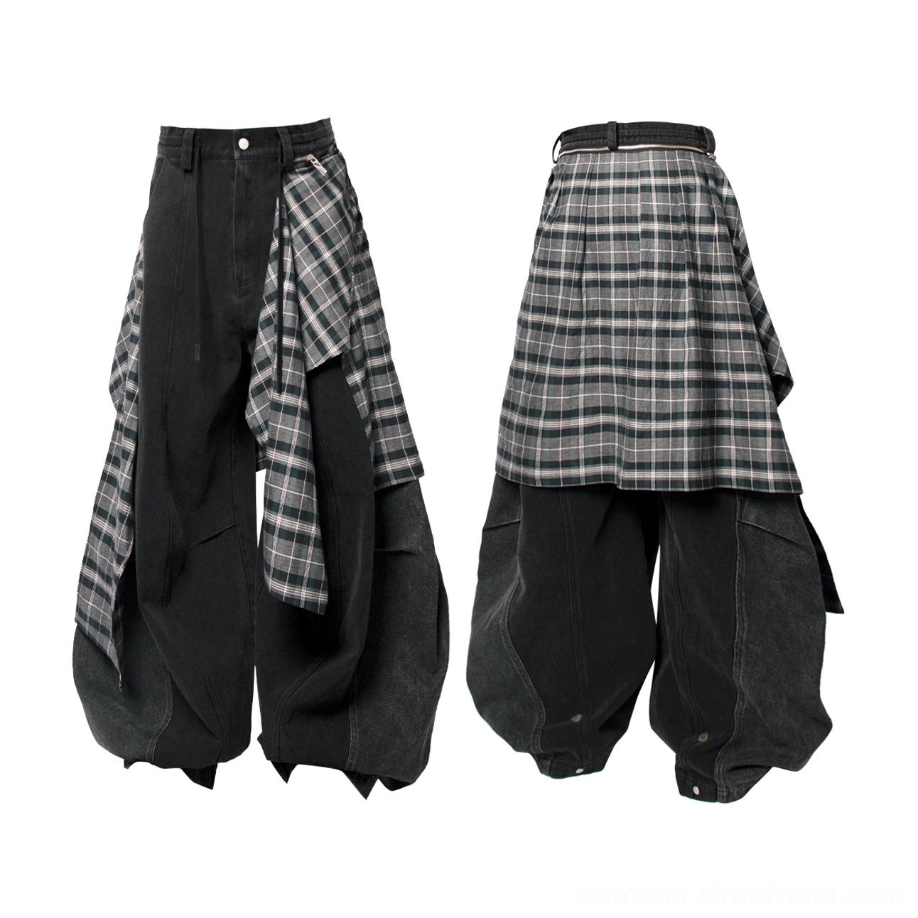 Black detachable plaid layer balloon leg streetwear denim pants product color view