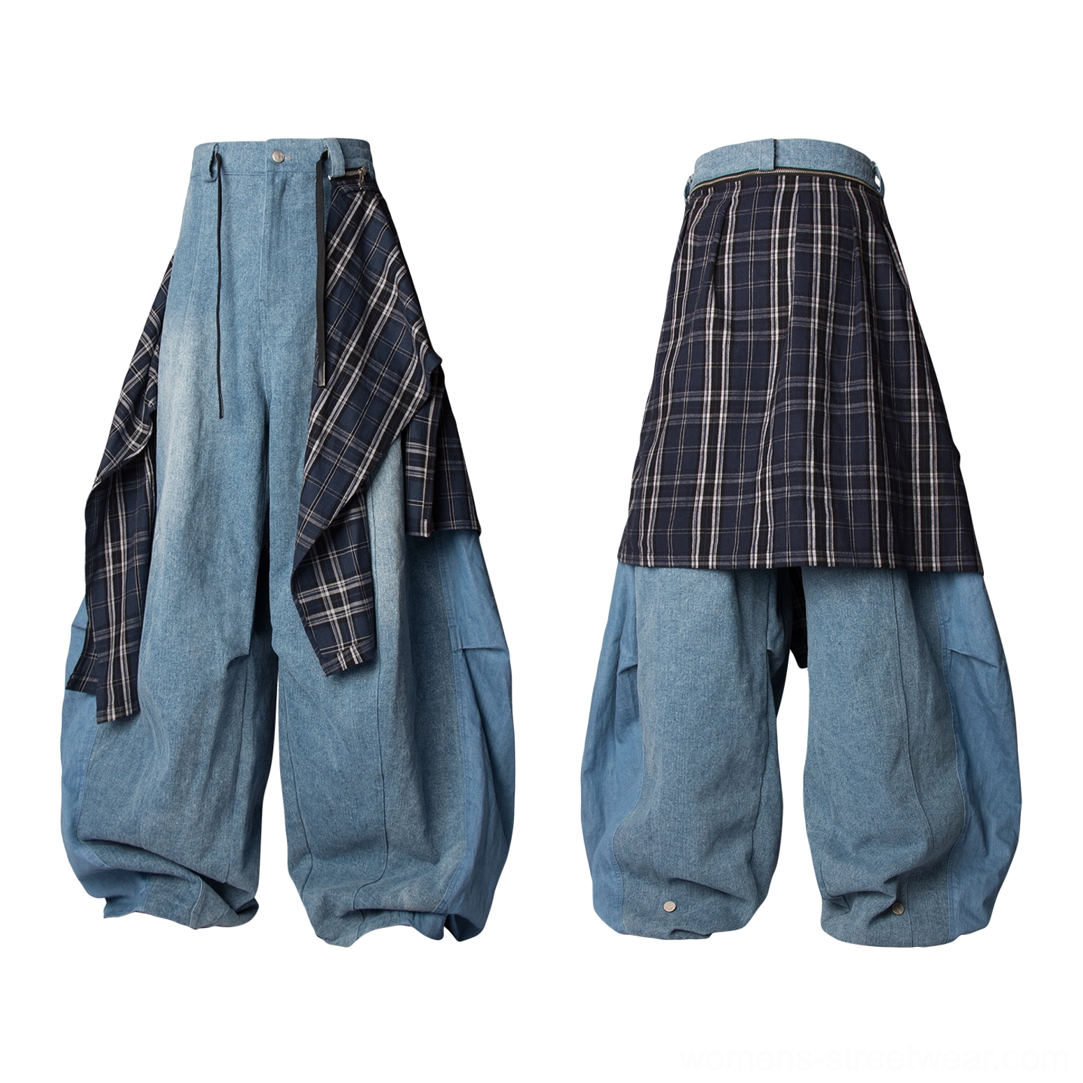 Blue detachable plaid layer balloon leg streetwear denim pants product color view