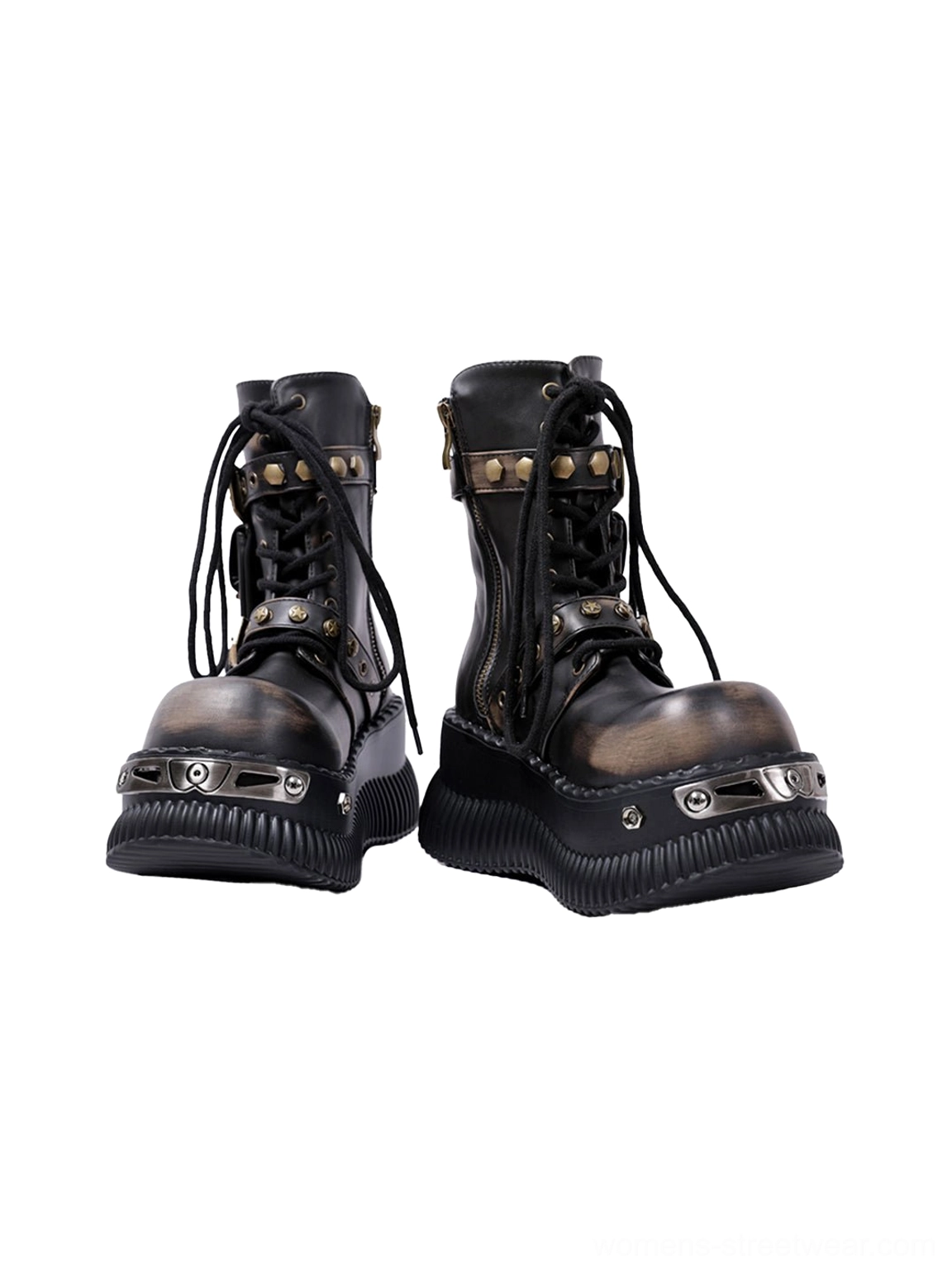 Compact pair display of distressed black leather platform ankle boots with metal toe accents and alternative streetwear styling
