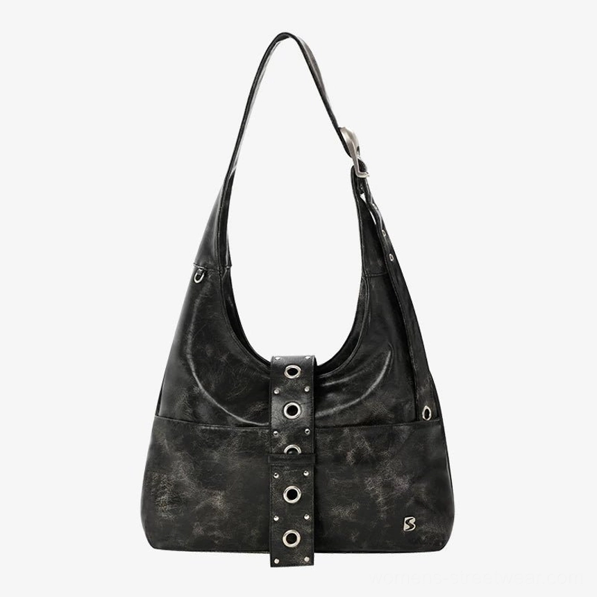 Distressed black rivet harness Y2K hobo shoulder bag in black color variant