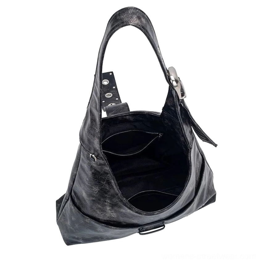 Distressed black rivet harness Y2K hobo shoulder bag product detail view