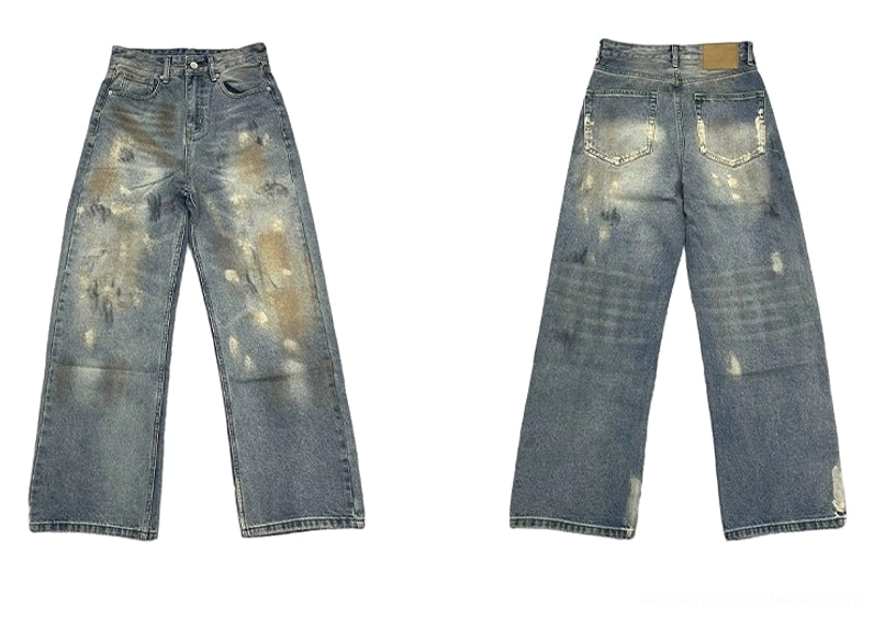 Flat lay front and back view of distressed blue wide-leg baggy jeans showing pockets, waistband construction, faded wash, and full silhouette