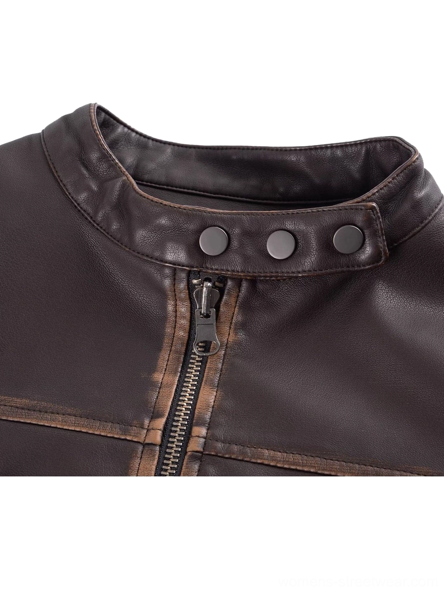 Distressed brown faux leather moto jacket or mini skirt vintage streetwear clothing detail view