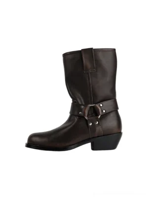 Distressed brown harness western mid-calf boots with rounded toe and chunky block heel product side view