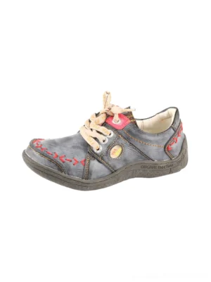 Distressed contrast stitch PU low-top streetwear shoes in black shown from the left side with tan laces and red decorative stitching
