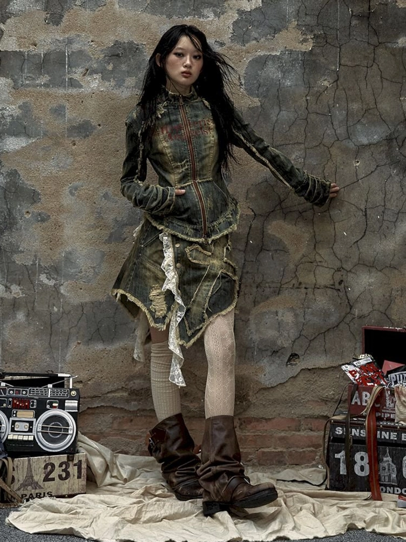 Distressed denim corset jacket Y2K Acubi streetwear fashion product image