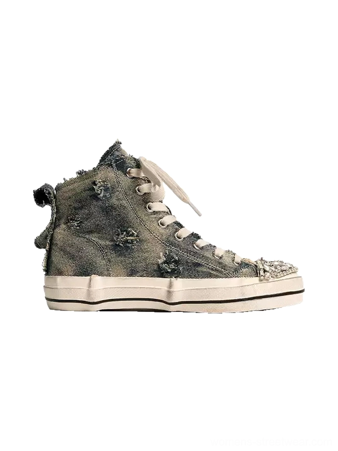 Right side profile of a distressed denim high-top sneaker showing vintage acid-wash denim, frayed heel pull tab, rhinestone toe cap, and classic streetwear silhouette