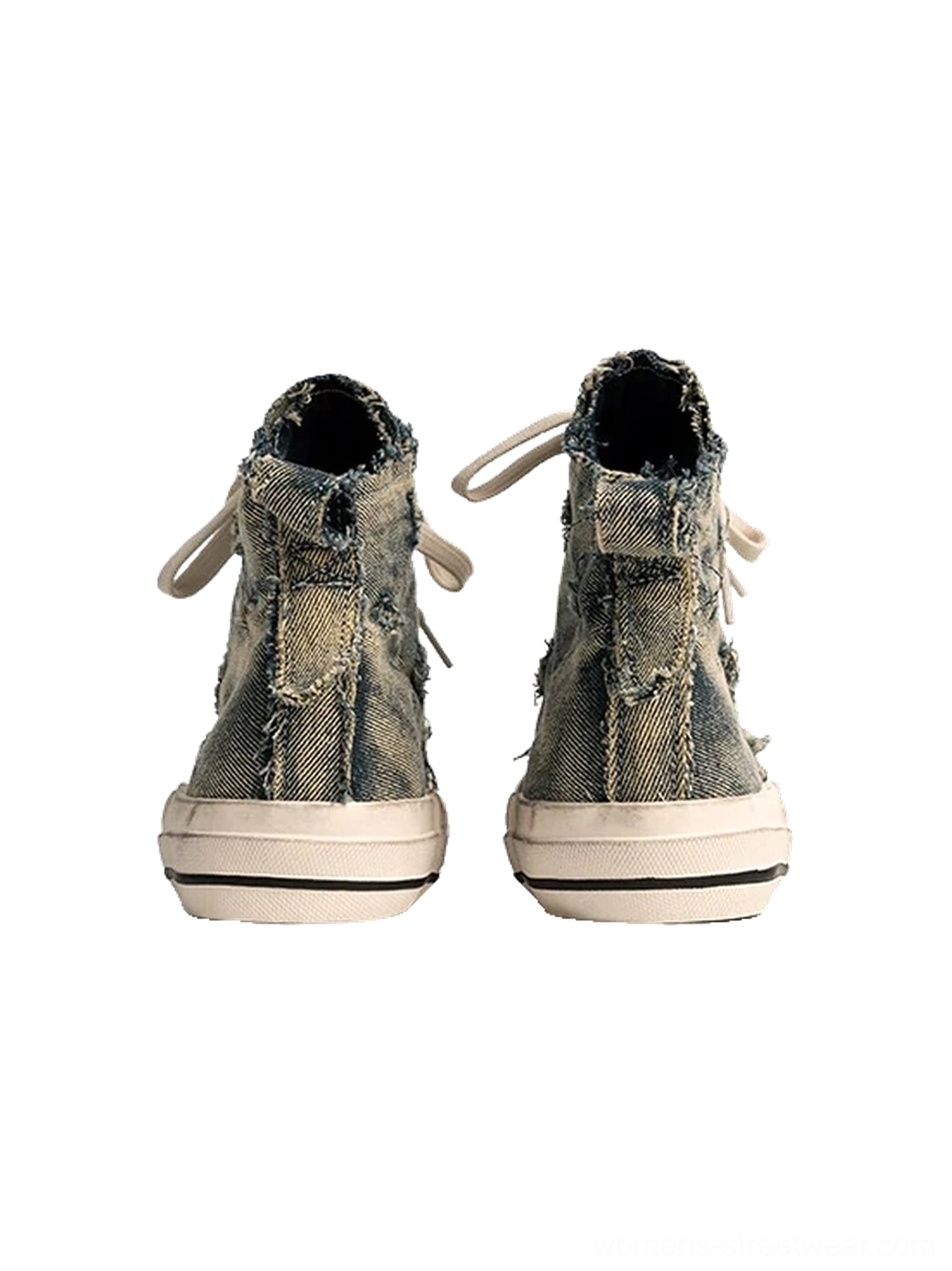 Rear view of matching distressed denim high-top sneakers with frayed heel pull tabs, washed blue denim uppers, and off-white rubber outsoles