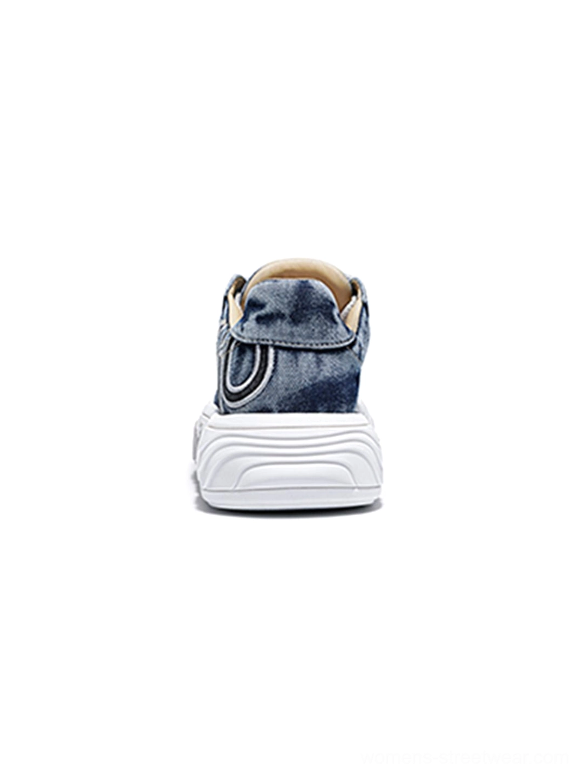 Rear view of a distressed denim platform skate sneaker showing the denim heel detail and elevated white outsole