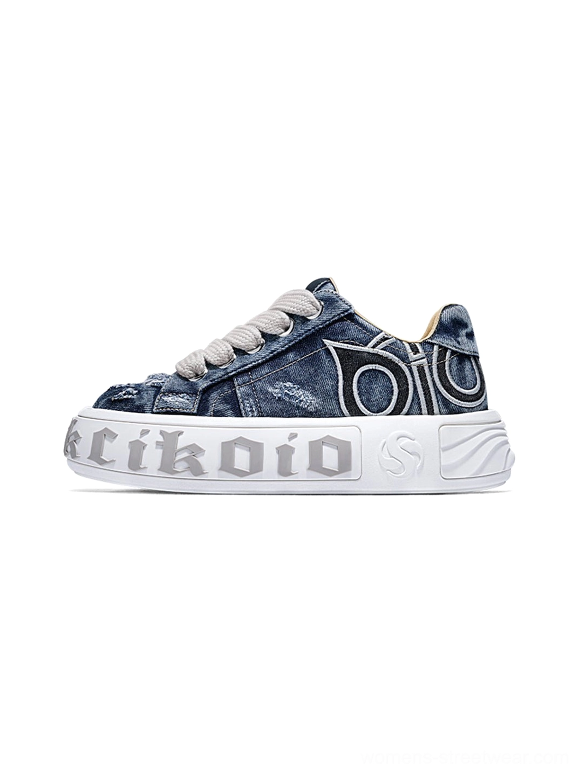 Side view of distressed blue denim platform skate sneakers with chunky white sole and classic lace-up streetwear design