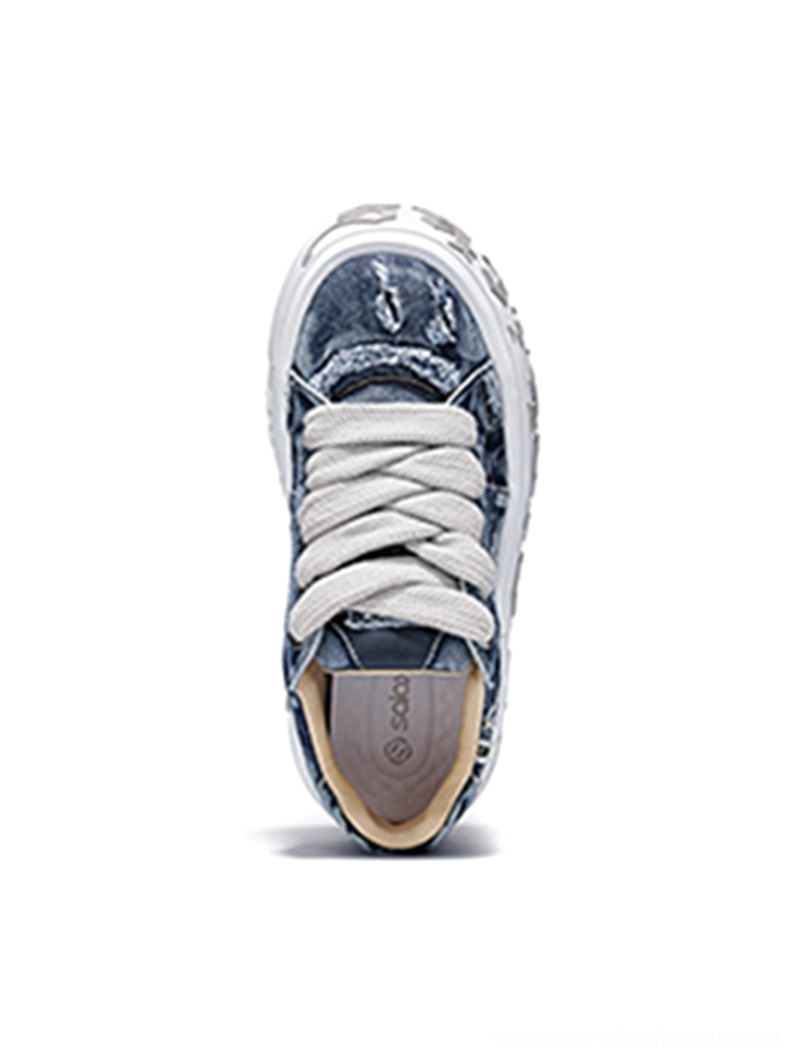 Top-down view of a distressed denim platform sneaker with thick light gray flat laces and structured upper