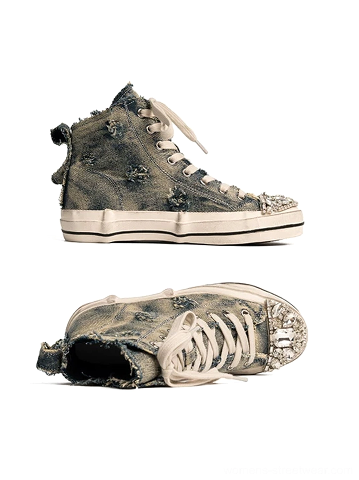 Right rear side view of a distressed denim high-top sneaker featuring textured acid-wash denim, crystal toe cap, frayed details, and classic rubber sole