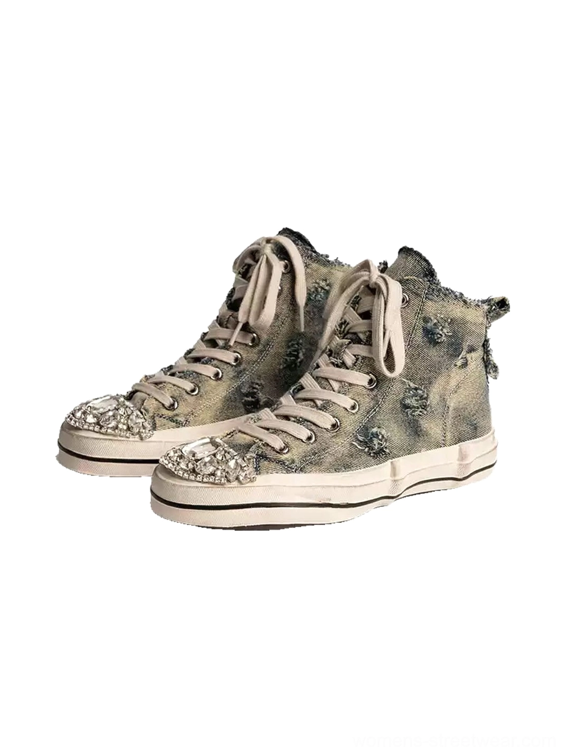 Front view of matching distressed denim high-top sneakers with crystal embellished toe caps, paired laces, frayed denim edges, and off-white rubber soles