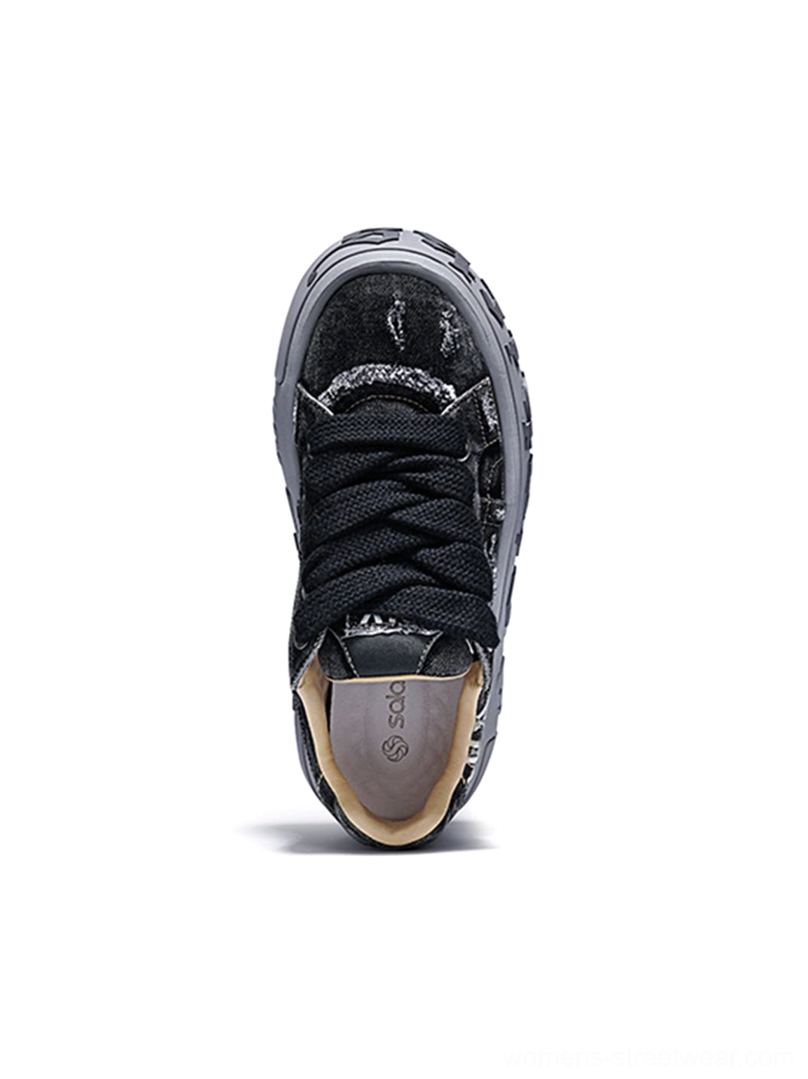 Distressed denim skate sneakers designed for Y2K outfits, Acubi fashion, casual wear, and modern streetwear looks