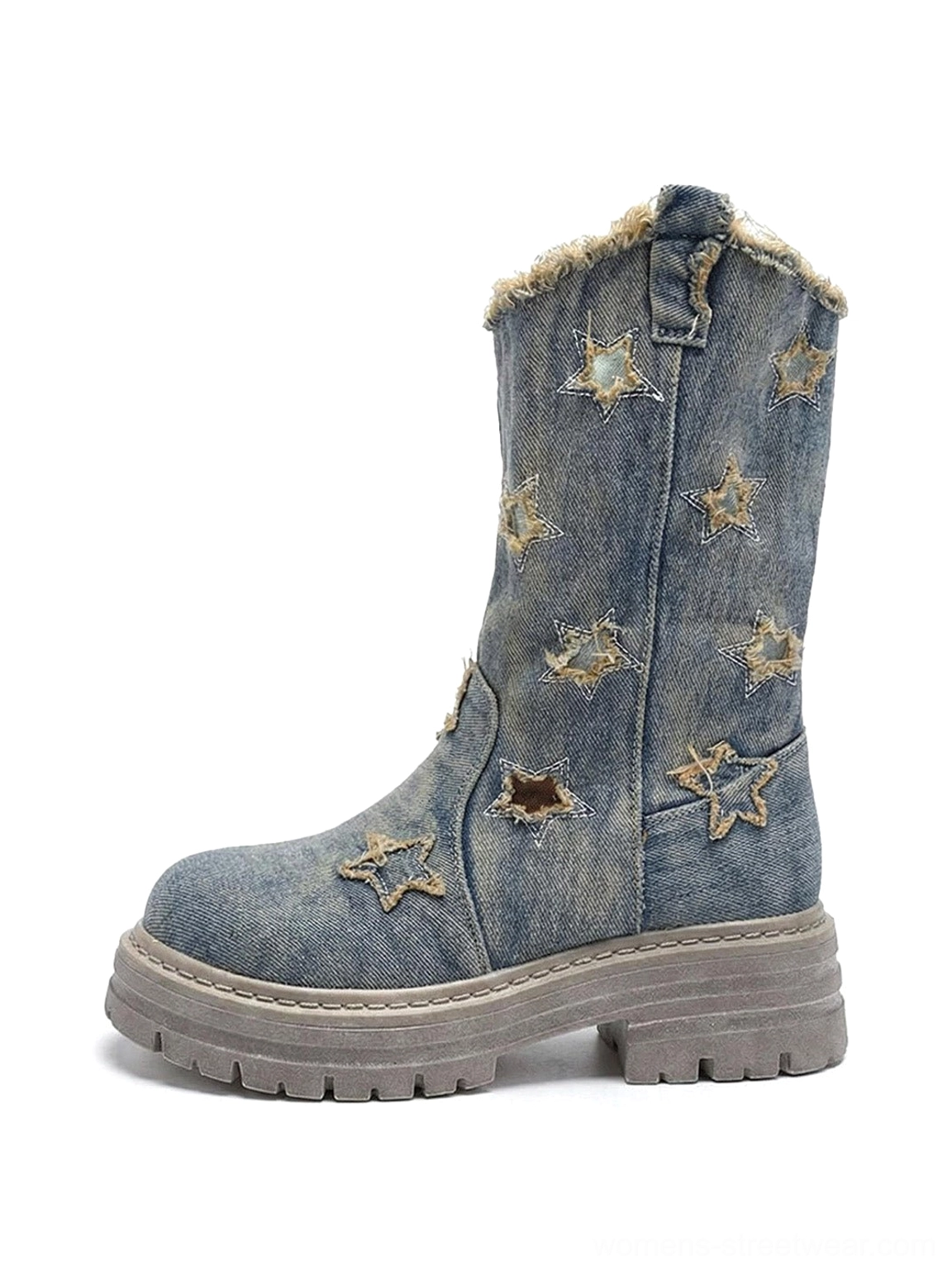 Side view of distressed washed denim star cutout platform boots with frayed collar, star embroidery, and chunky lug rubber sole