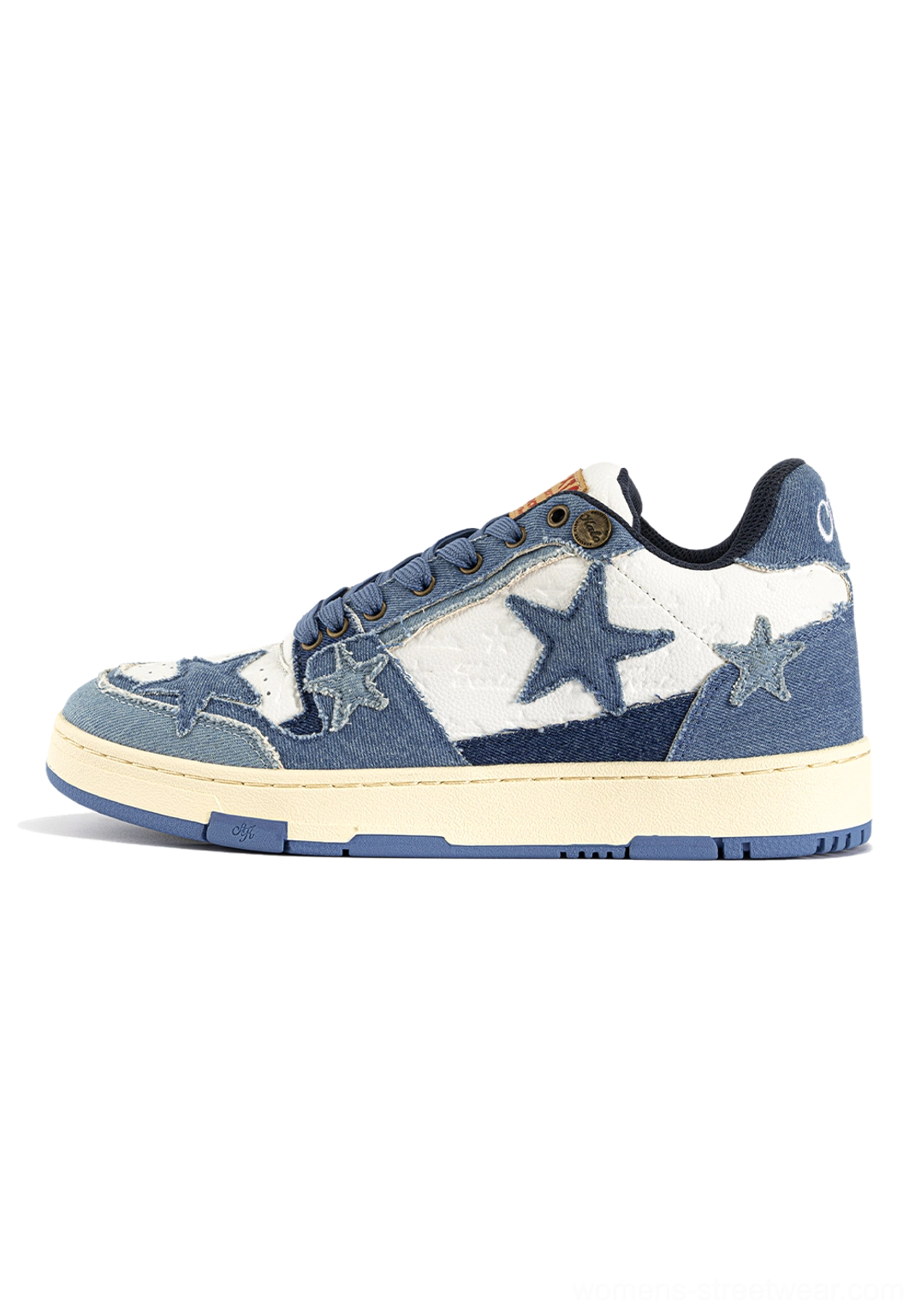 Distressed denim star low-top sneakers multiple color options comparison display brown black blue pink