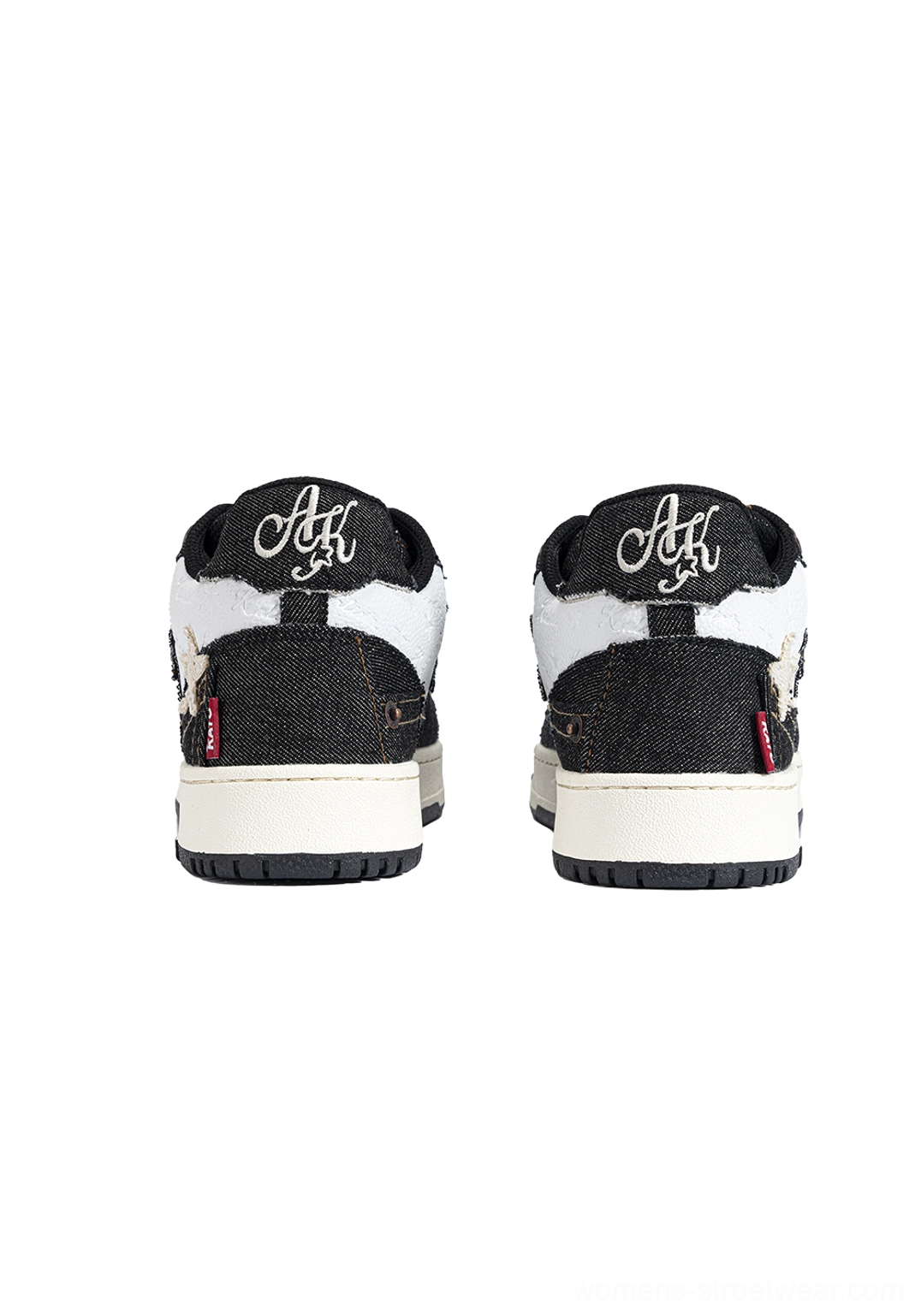 Distressed denim star low-top sneakers rear paired shot embroidered heel counter branding thick sole