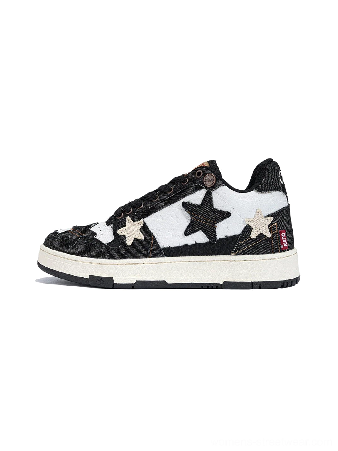 Distressed denim star low-top sneakers left side solo shot black white colorway star appliques streetwear aesthetic
