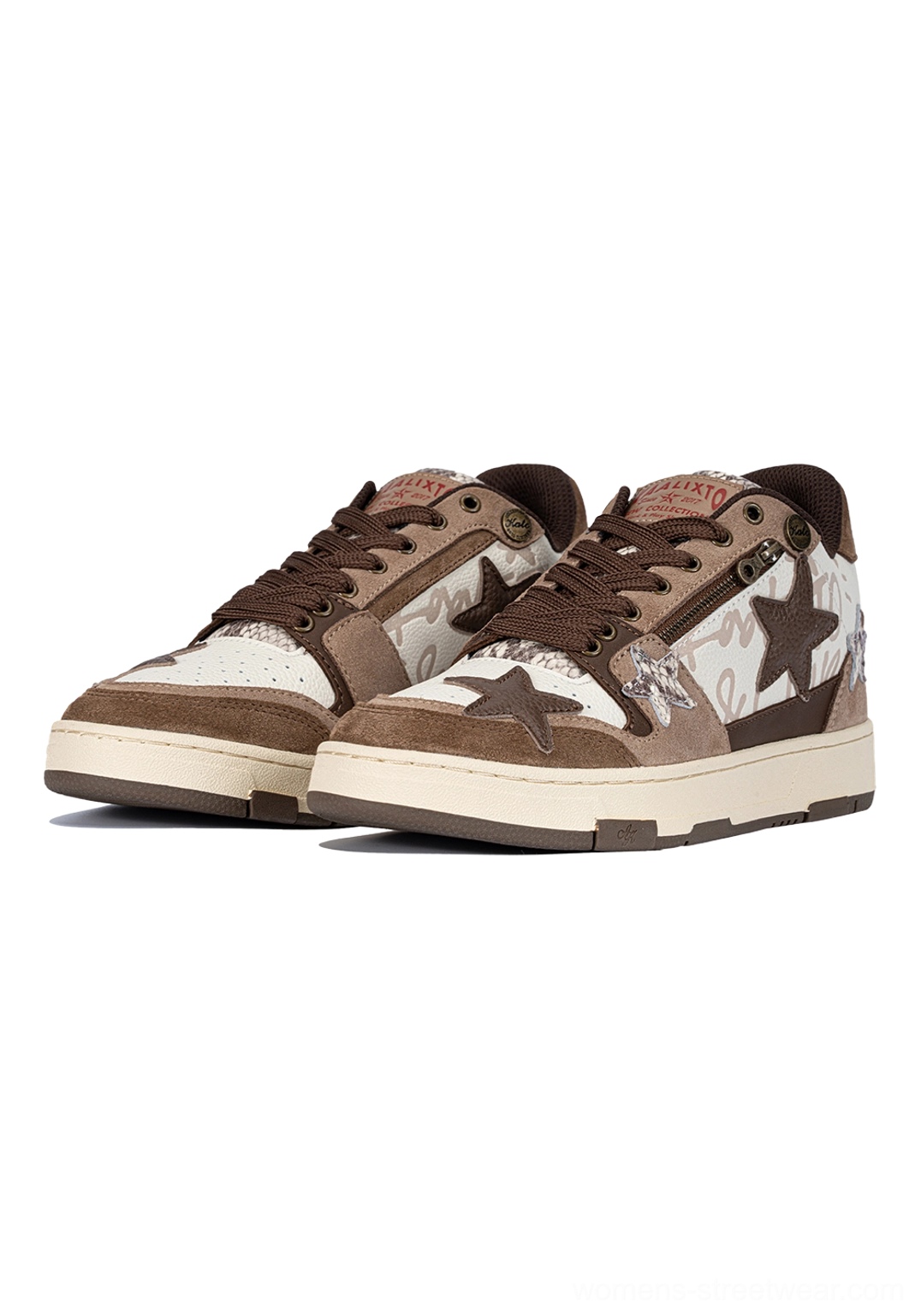 Brown suede distressed denim star sneakers paired three-quarter front view star applique detail off-white sole