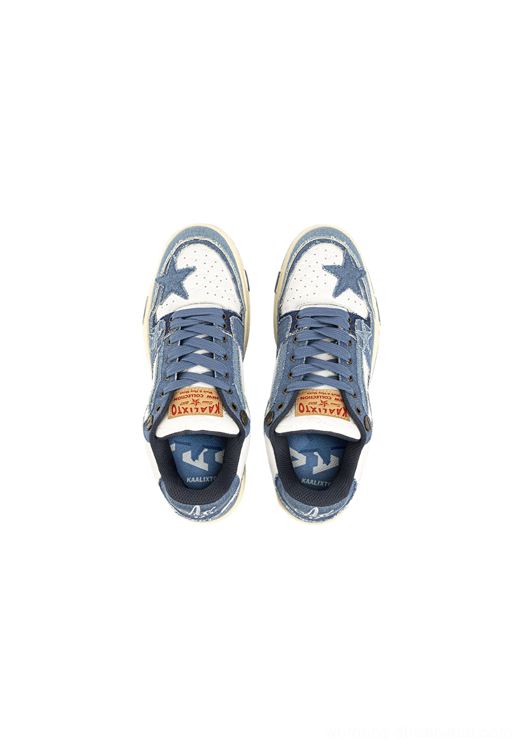 Distressed denim star sneakers close-up detail shot star applique texture denim distressing stitching