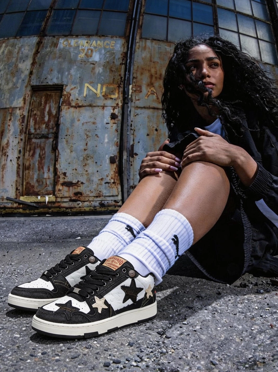 Female model wearing distressed denim star sneakers against industrial door eye-level frontal view streetwear