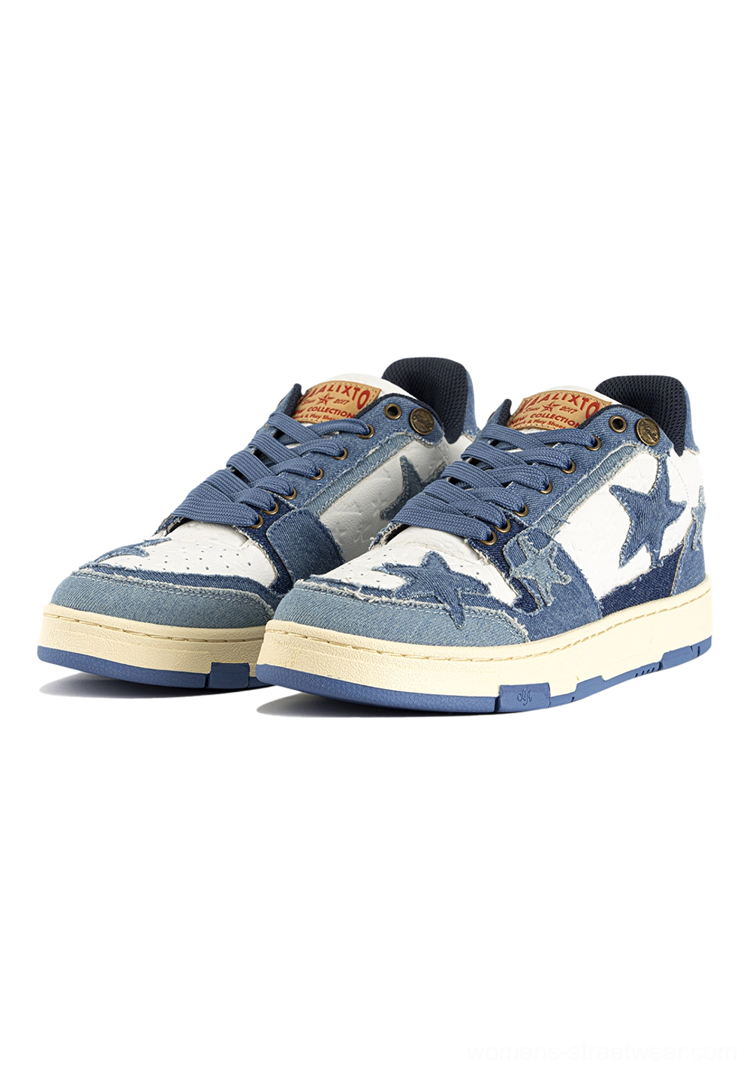 Light blue distressed denim star sneakers paired three-quarter front view blue white star appliques blue sole