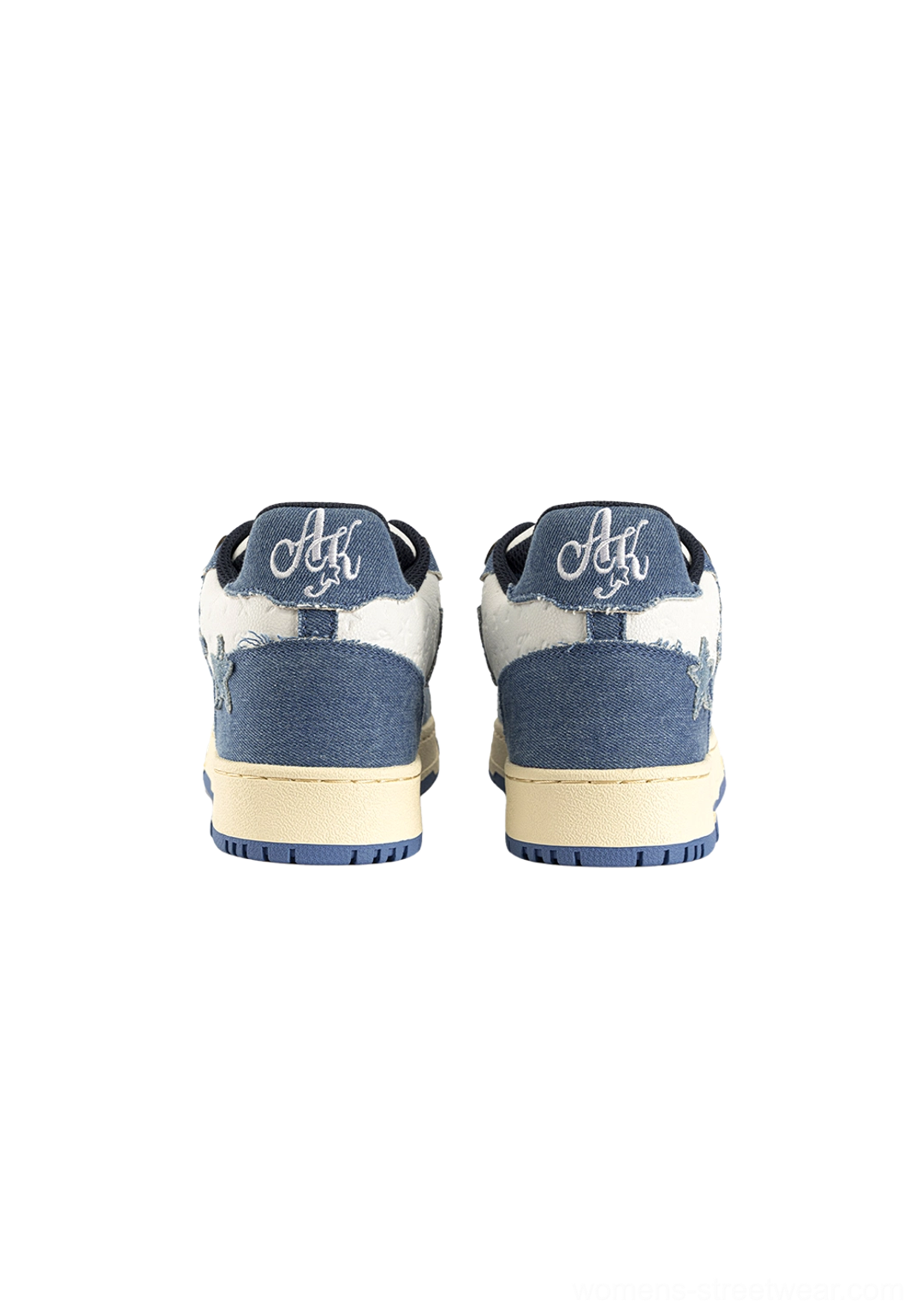 Light blue distressed denim star sneakers rear paired shot embroidered heel light denim upper off-white sole