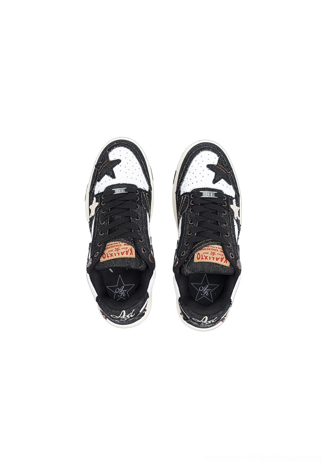 Distressed denim star sneakers top-down paired view lace-up closure star motifs toe box insole details