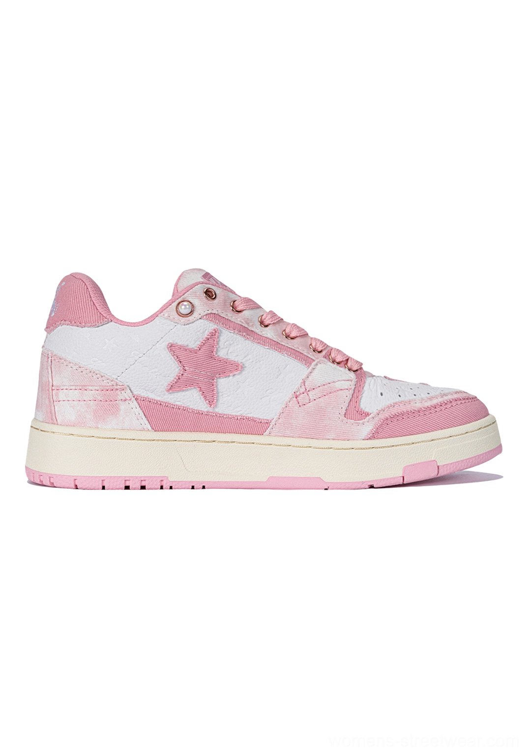 Pink distressed denim star sneakers rear paired shot embroidered branding pink denim upper contrast detail
