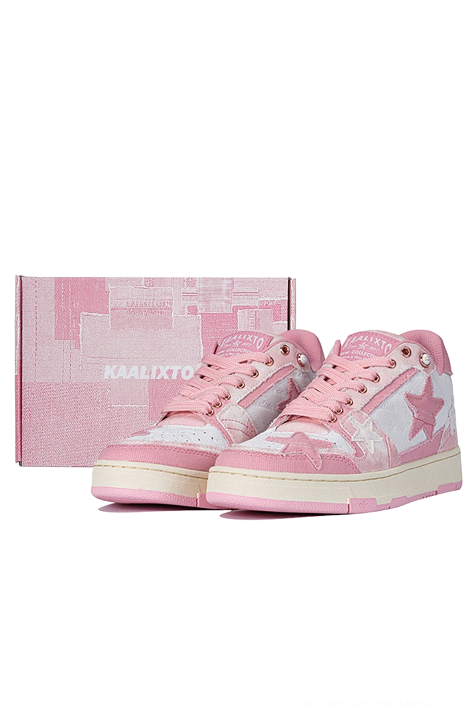 Distressed denim star low-top sneakers quarter panel side view distressed denim panel design element