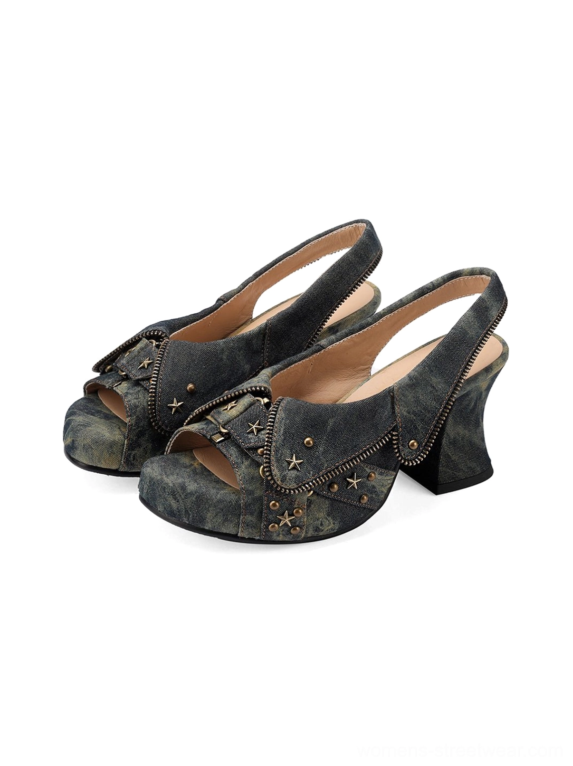 Pair of distressed denim studded peep-toe slingback heels with western block heel and metal star details