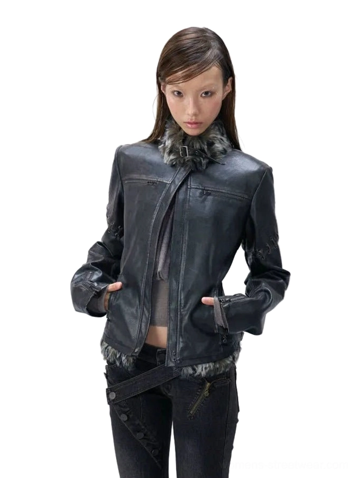 Female model wearing a distressed charcoal faux leather moto jacket with plush faux fur collar and hem, fitted cropped silhouette, lace-up sleeve details, and dark Korean streetwear styling
