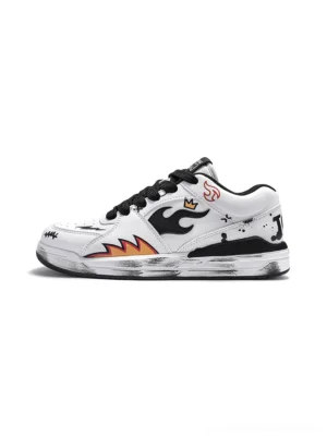 White distressed flame graphic low-top streetwear court sneakers with black laces shown in side profile