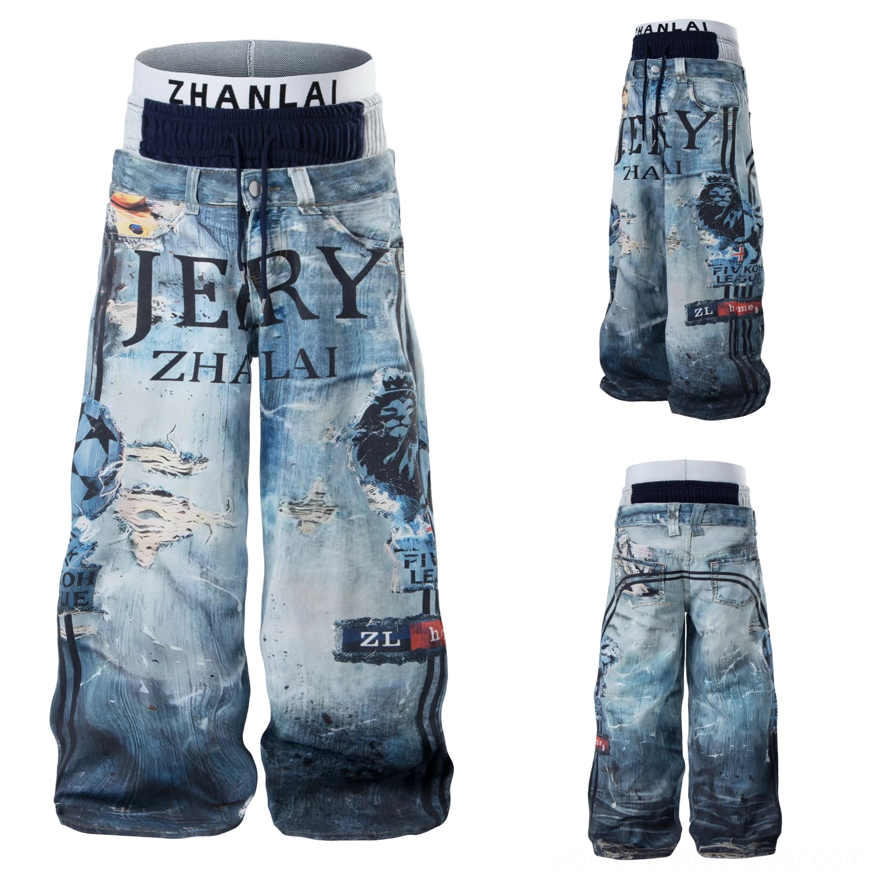 Full view of distressed graffiti wide-leg jeans in faded ocean-blue denim with bold lettering, decorative graphics, and oversized streetwear fit