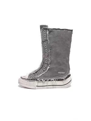 Distressed gray high-top canvas platform boot with frayed edges, white rubber toe cap, lace-up front, and elevated platform sole
