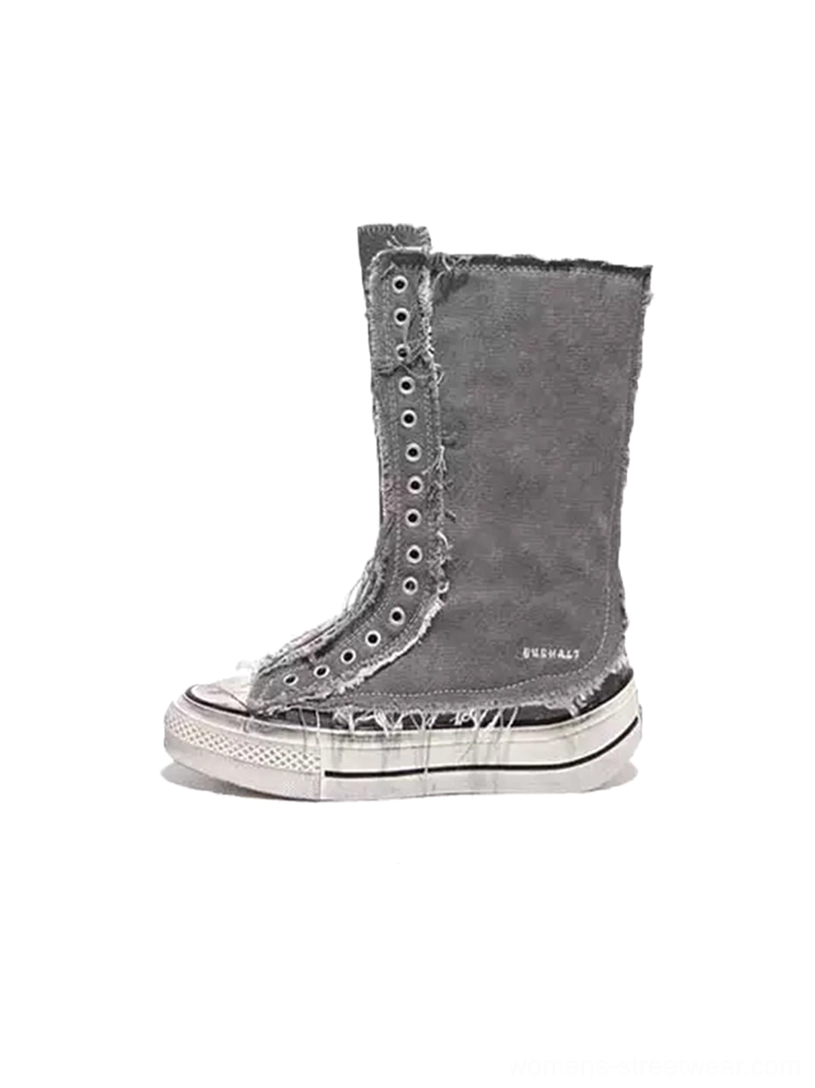 Distressed gray high-top canvas platform boot with frayed edges, white rubber toe cap, lace-up front, and elevated platform sole