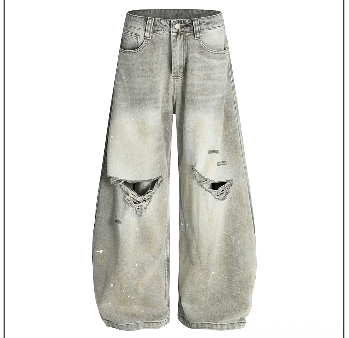 Flat lay of distressed gray hole paint splatter wide leg jeans with ripped knees and button closure