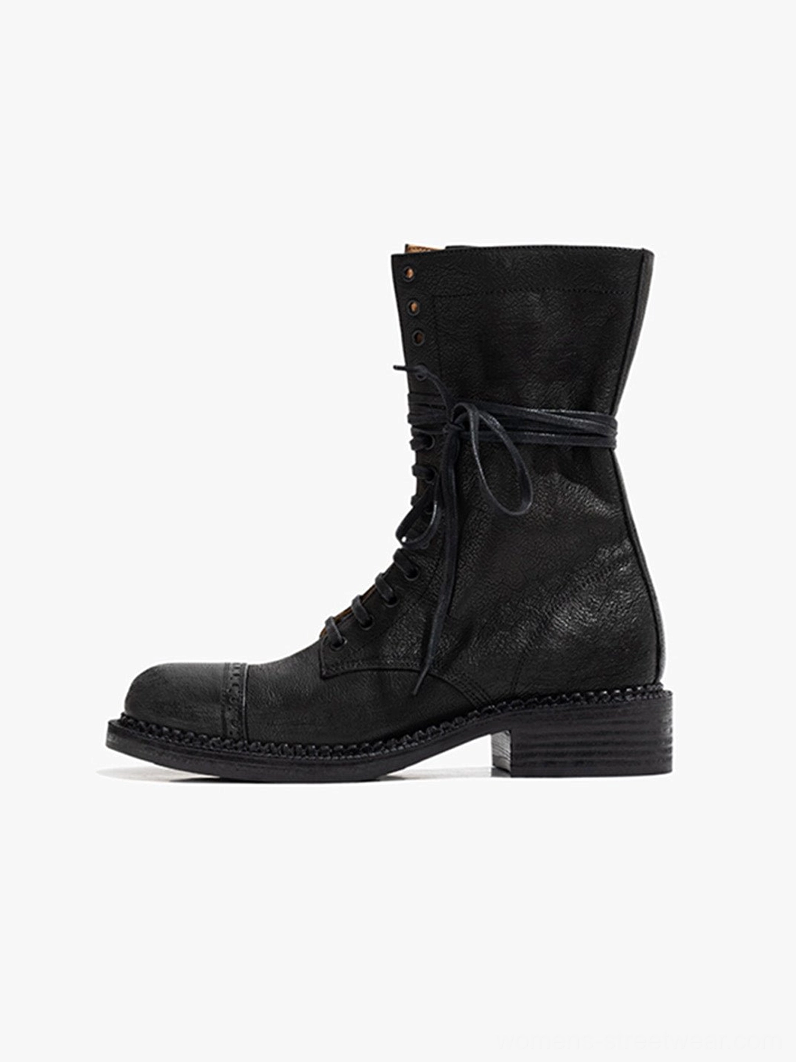 Black distressed leather mid-calf lace-up combat boots with foldable shaft and stitched welt construction