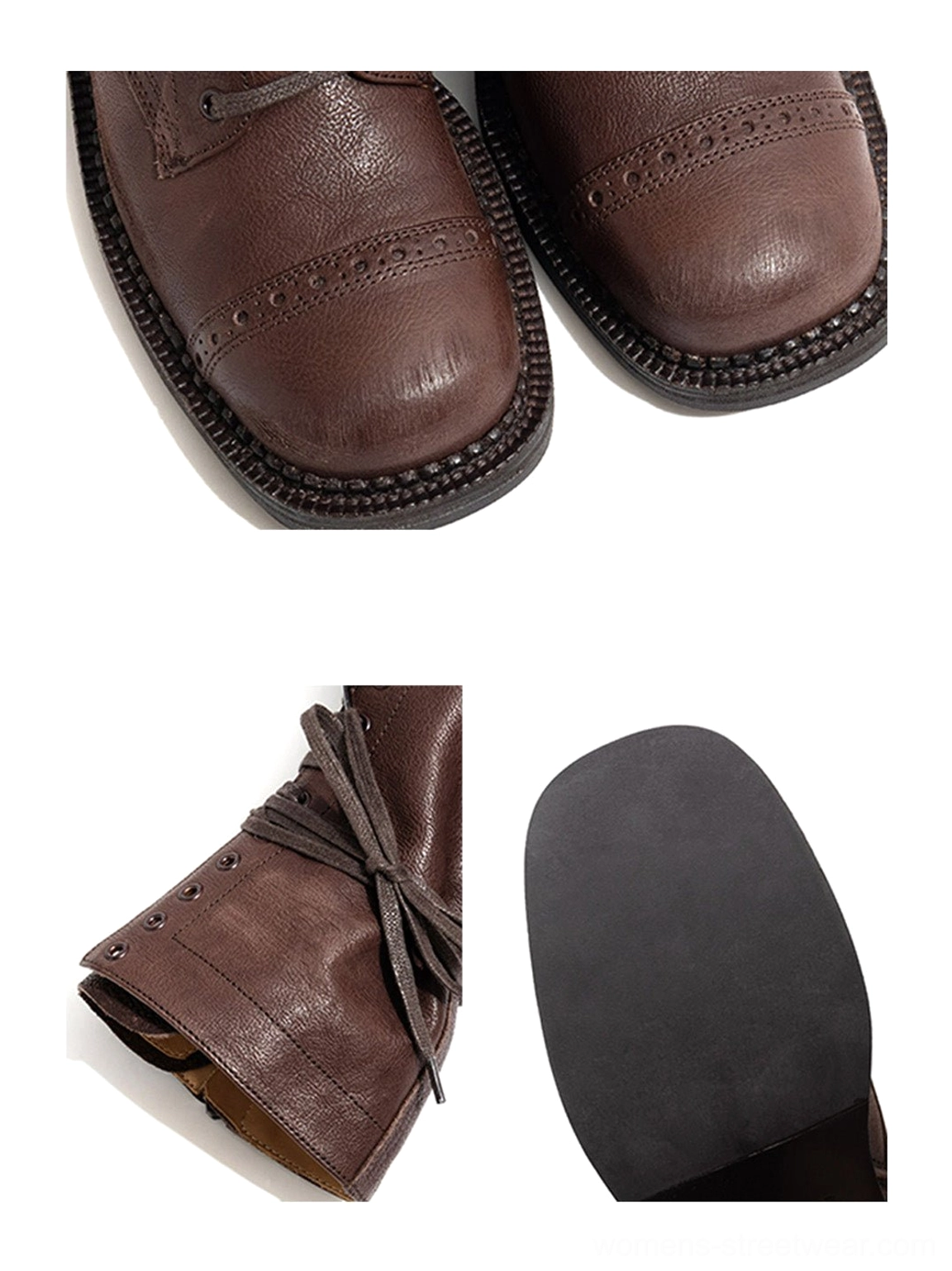 Distressed leather mid-calf lace-up combat boots in dark brown and black for Korean streetwear styling