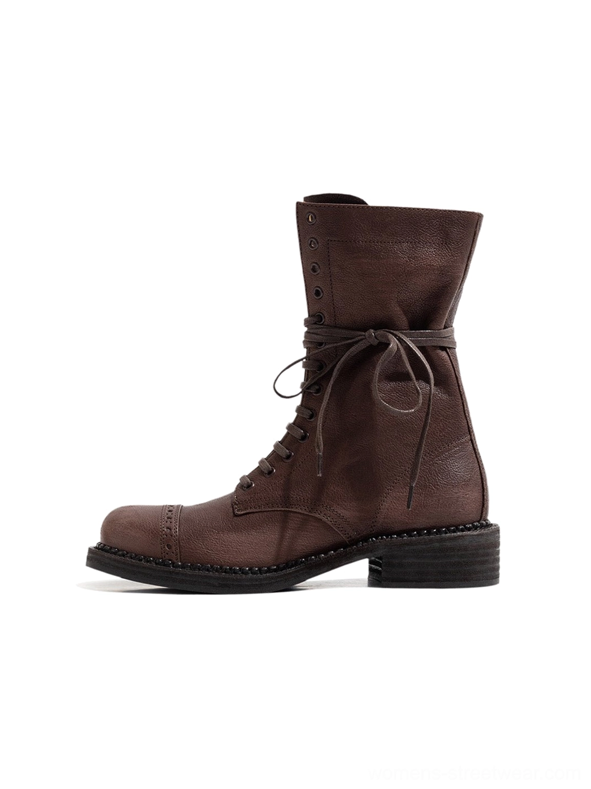 Dark brown distressed leather mid-calf lace-up combat boots with folded shaft shown in left side product view