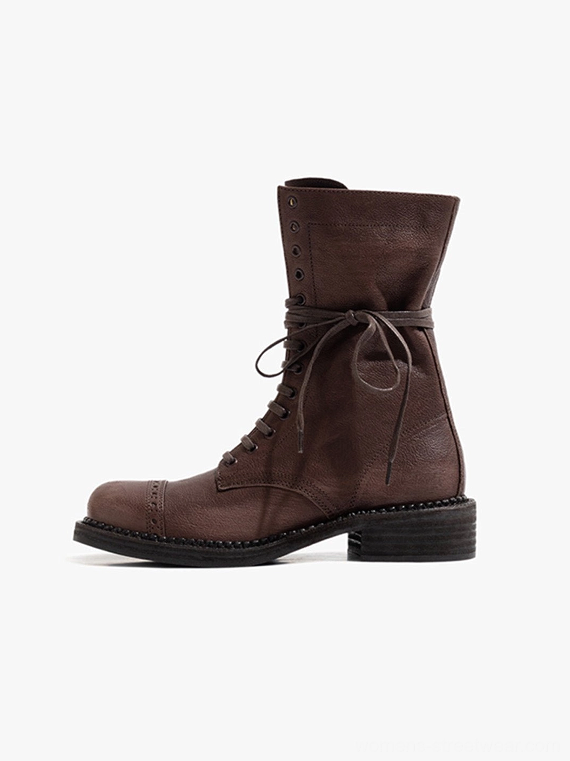 Women's distressed leather mid-calf combat boots with extended lacing and low stacked block heel product detail