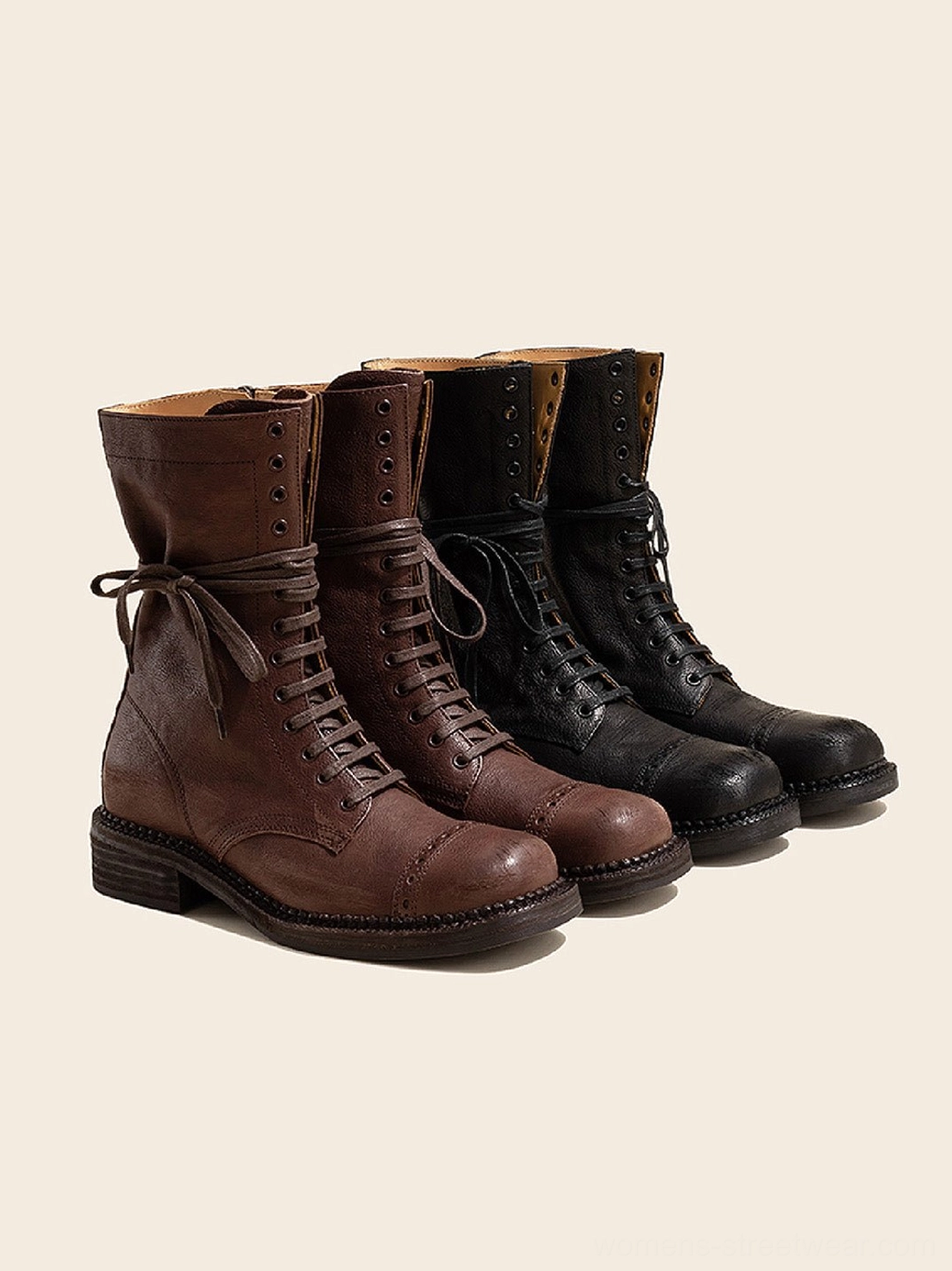 Women's distressed leather mid-calf combat boots showcasing square-round toe and rugged streetwear silhouette