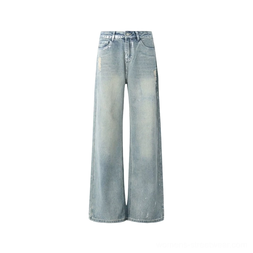 Distressed light blue wide-leg jeans product image showing the relaxed mid-rise fit, faded denim wash, and oversized streetwear shape