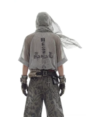 Back view of the wood grain gray distressed mesh hood scarf varsity jersey tee showing large gothic vertical graphic print