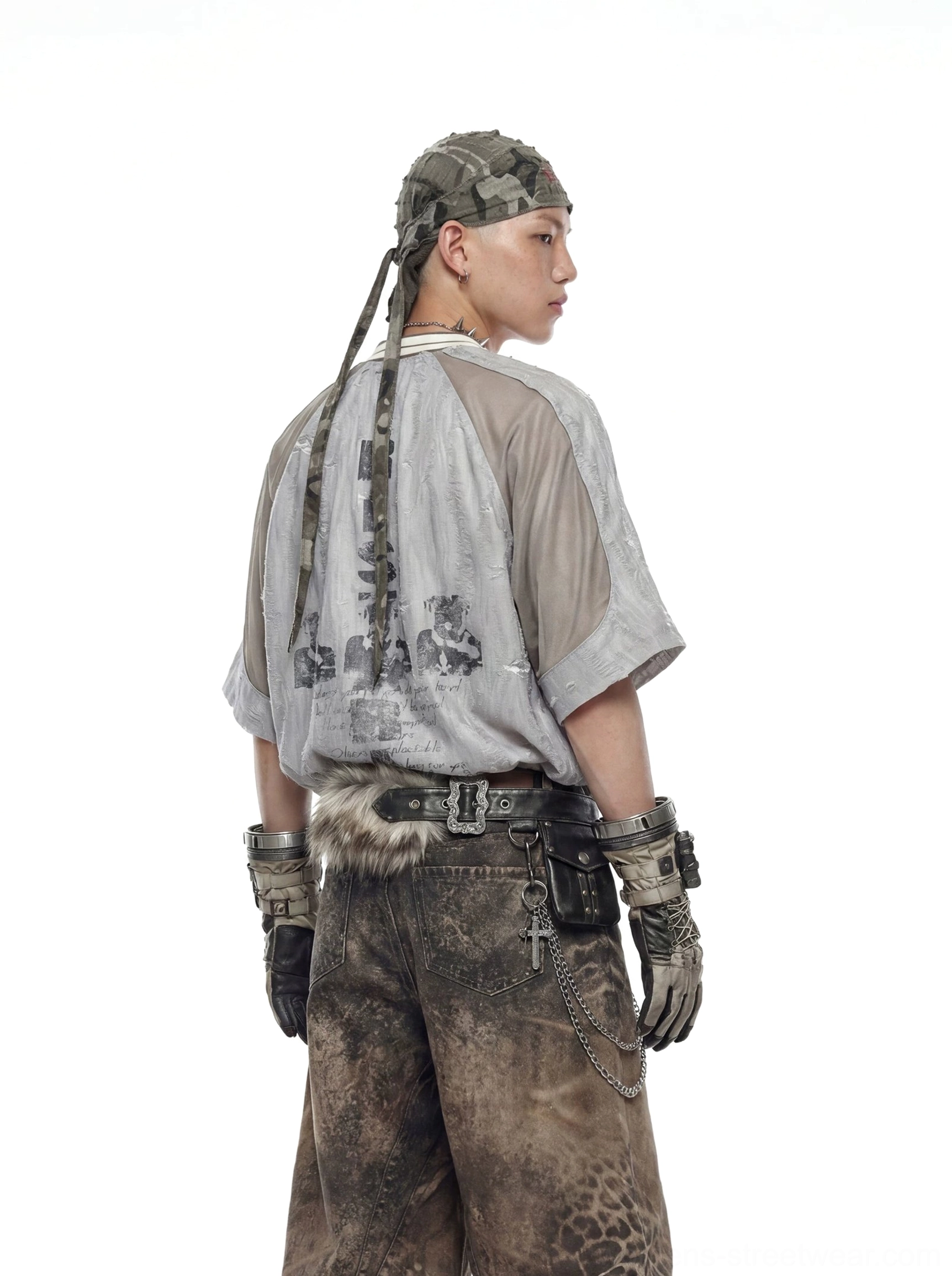 Distressed mesh hood scarf varsity jersey tee in gray with gothic graphics and deconstructed streetwear details