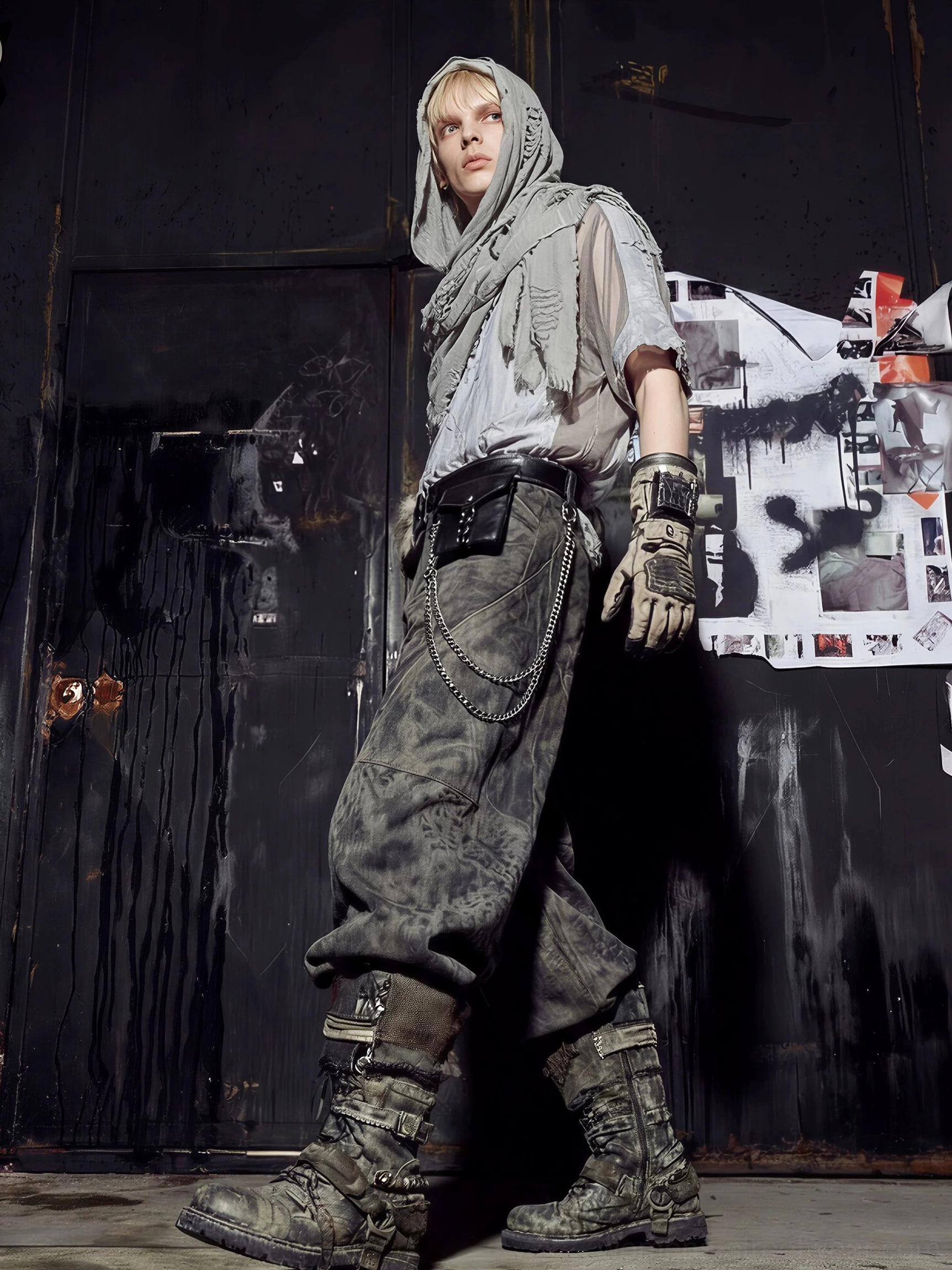 Model wearing the draped hood scarf distressed mesh varsity jersey tee with combat boots in industrial streetwear styling