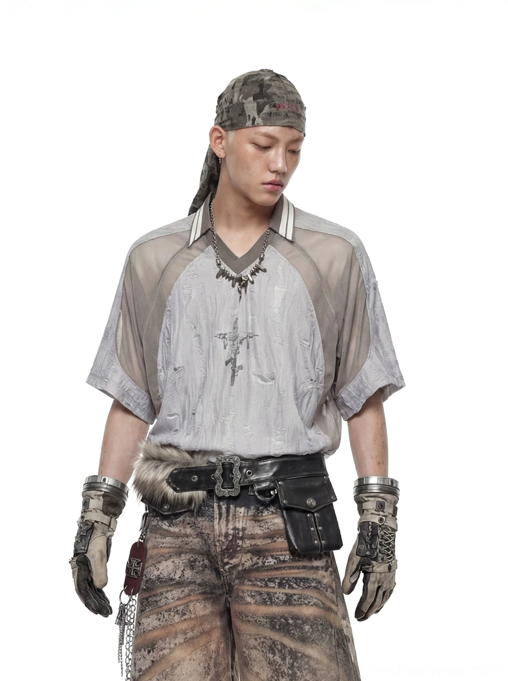 Wood grain gray distressed mesh hood scarf varsity jersey tee oversized gothic streetwear product view