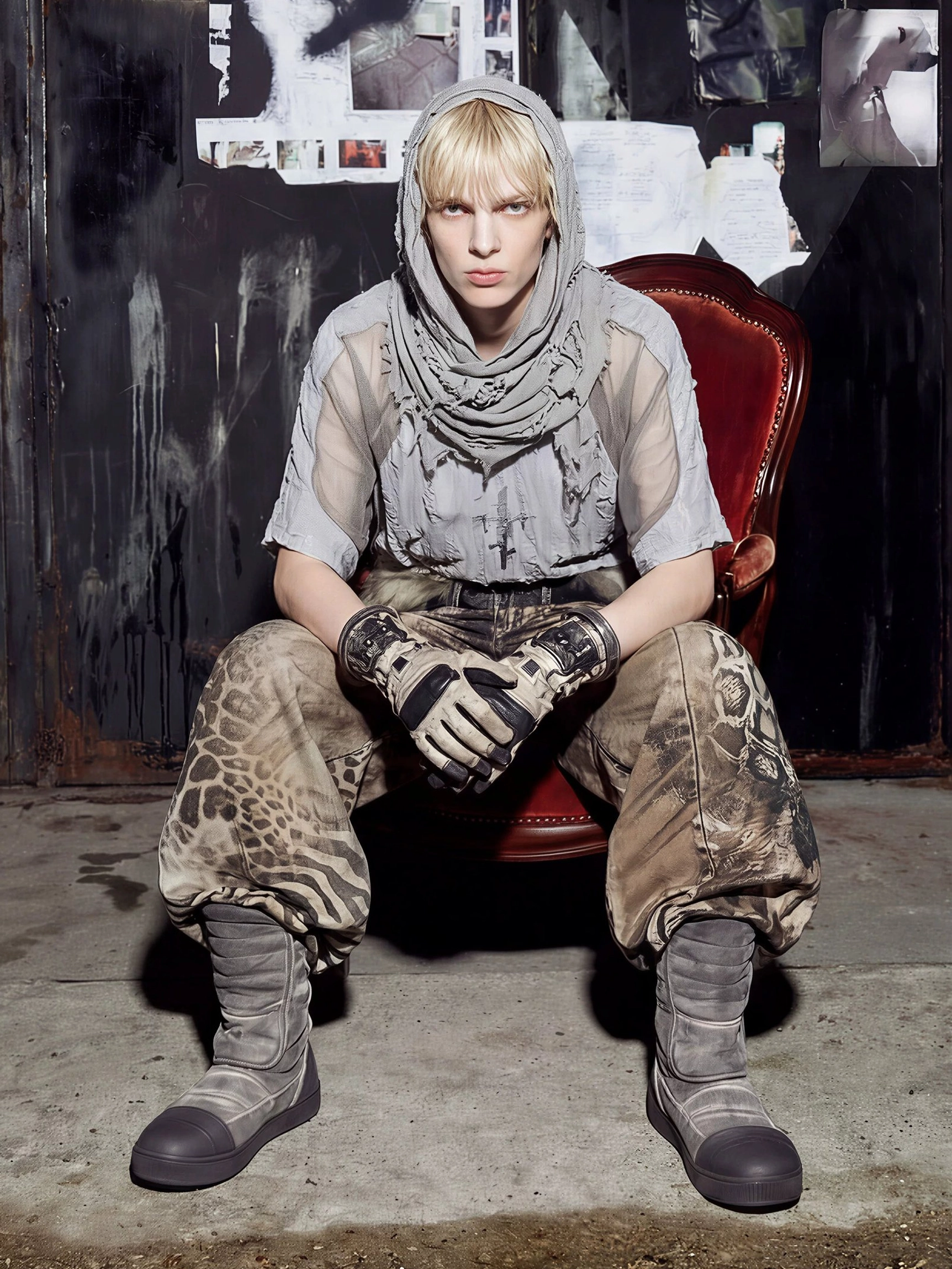 Male model seated in distressed mesh hood scarf varsity jersey tee with layered grunge streetwear cargo outfit